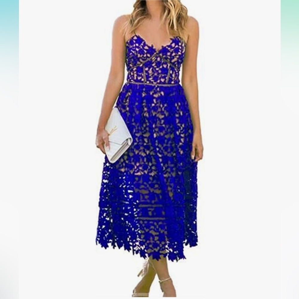 Chic Royal Blue Lace Midi Dress